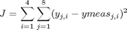 $$ J = \sum_{i=1}^4 \sum_{j=1}^8 (y_{j,i} - ymeas_{j,i})^2 $$