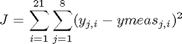 $$ J = \sum_{i=1}^{21} \sum_{j=1}^8 (y_{j,i} - ymeas_{j,i})^2 $$